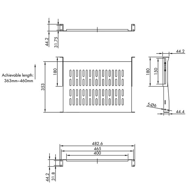 19 Zoll Regalboden | erhöhte Ränder | 35 cm tief | max. 25 kg | 1U | schwarz