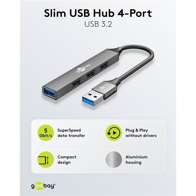 Goobay USB-Hub (USB-A) | 4x USB-A | USB 2.0/3.0 | Aluminium | 0,10 m