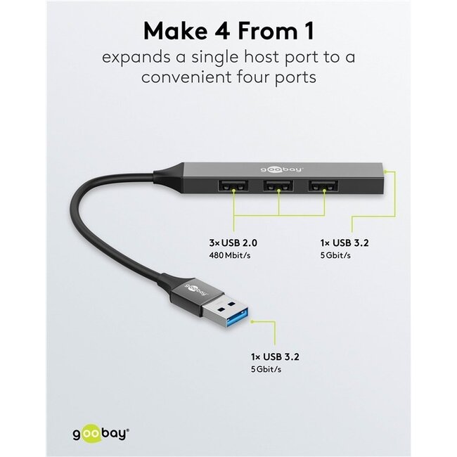 Goobay USB-Hub (USB-A) | 4x USB-A | USB 2.0/3.0 | Aluminium | 0,10 m