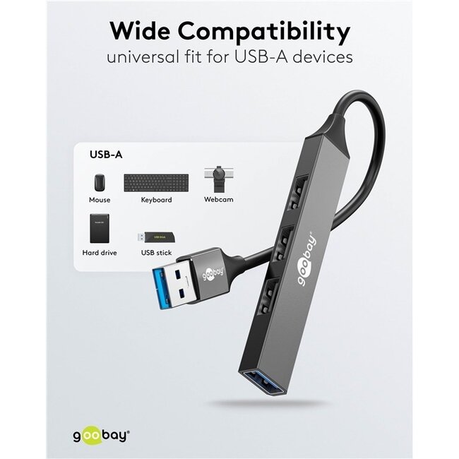 Goobay USB-Hub (USB-A) | 4x USB-A | USB 2.0/3.0 | Aluminium | 0,10 m