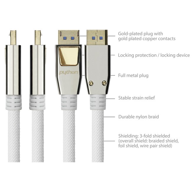 Python DisplayPort-Kabel | DP2.1a (10K 60Hz) | UHBR13.5 (54Gbit/s) | Weiß | 3 Meter