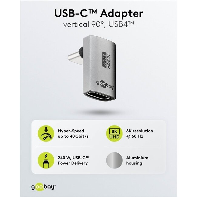 Goobay USB-C Winkeladapter oben/unten kurz | USB4 40 Gbps | PD 240W | 8K 60Hz | Aluminium