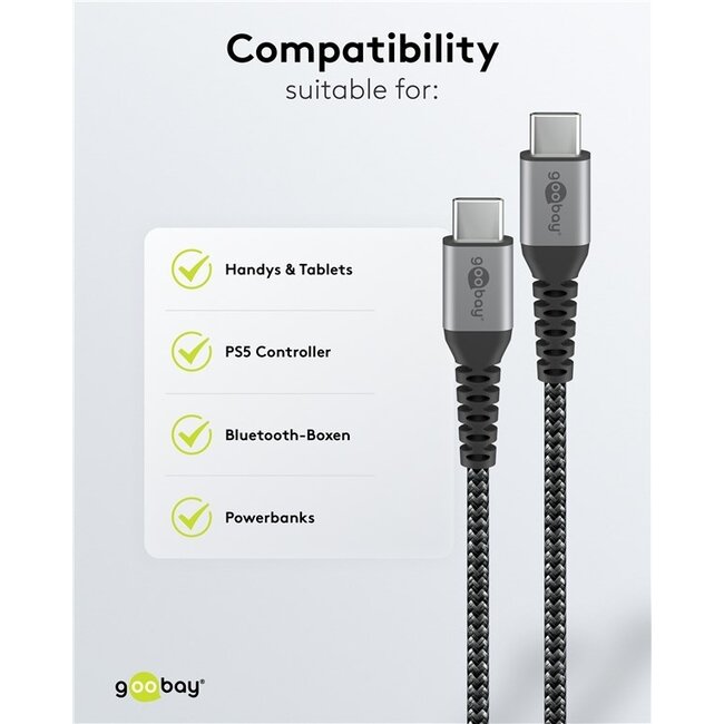 Goobay USB-C™ auf USB-C™ Textilkabel mit Metallsteckern (Space Grau/Silber), 0,15 m
