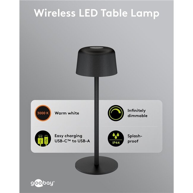 Goobay Kabellose LED-Tischlampe, Größe S, 25 cm, Schwarz