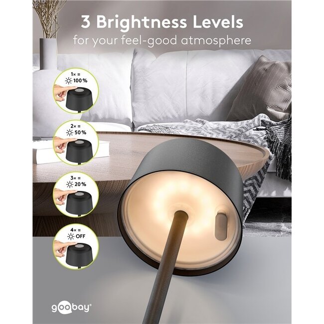 Goobay Kabellose LED-Tischlampe, Größe S, 25 cm, Schwarz