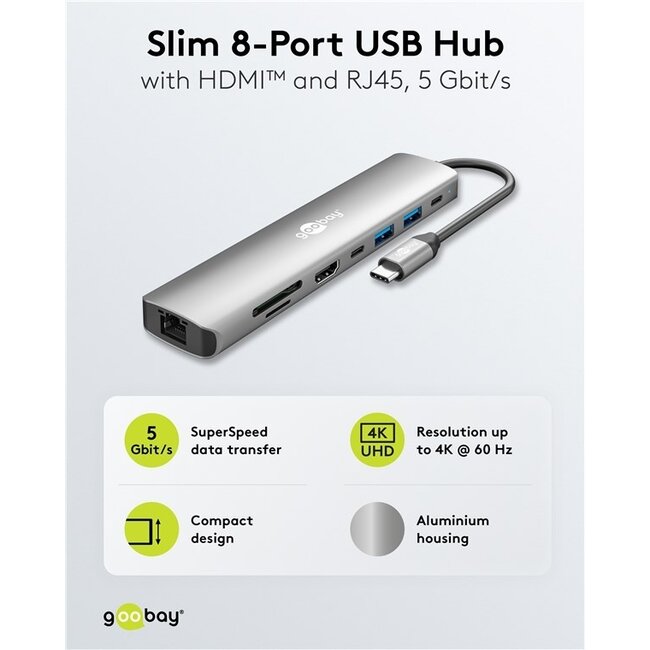 Goobay Slim 8-Port USB-Hub mit HDMI™ und RJ45, 5 Gbit/s