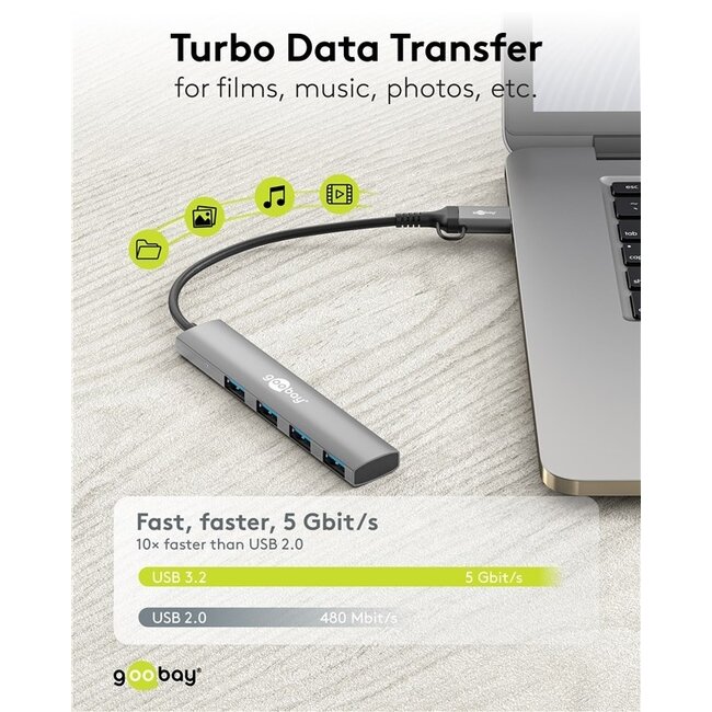 Goobay 2-in-1 Slim 4-Port USB Hub, 5 Gbit/s
