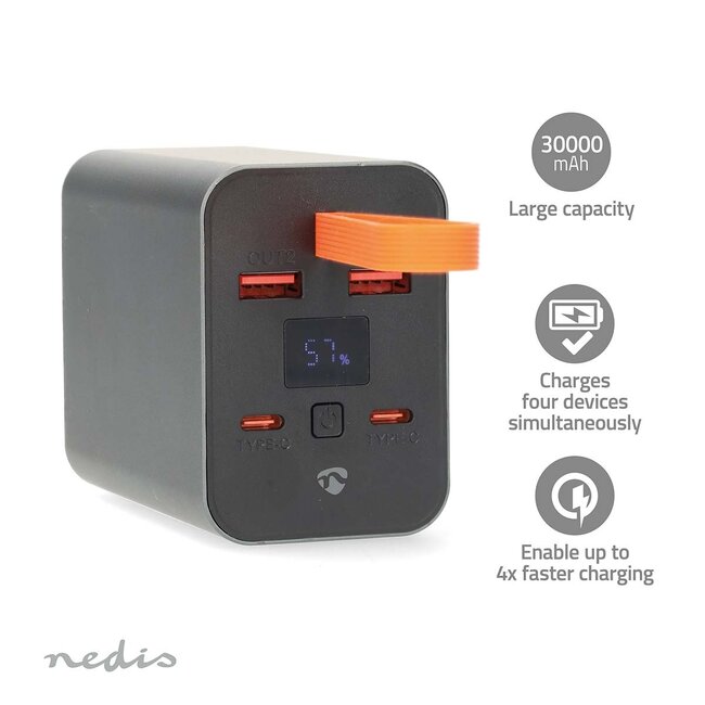 Nedis Powerbank | 2x USB-C PD 100W + 2x USB-A QC 18W | 30.000 mAh