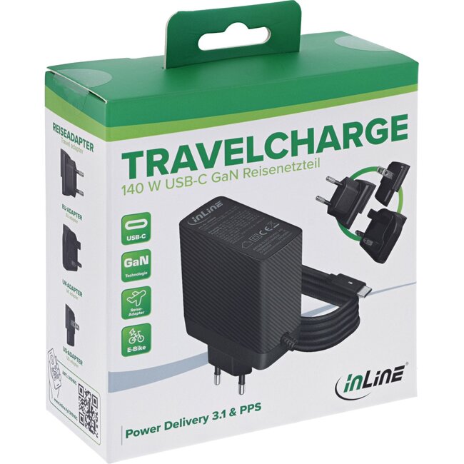 InLine USB-C PD Reise-Ladegerät mit festem Kabel | GaN | 140W | Schwarz