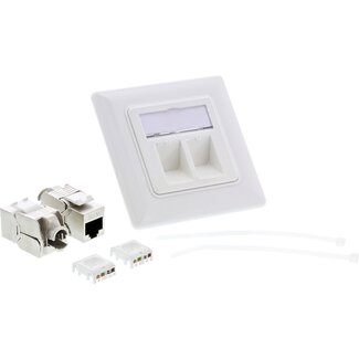 InLine Wandsteckdose mit 2x RJ45 CAT6a Keystone Modul | 45° Öffnung | Weiß (RAL9010)