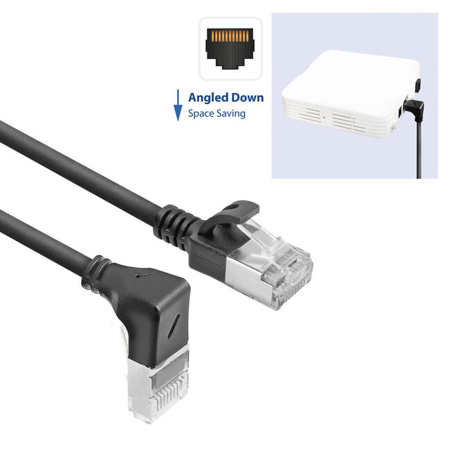 UFTP CAT6a Slimline Netzwerkkabel | Winkelstecker unten / gerade | LSZH | Schwarz | 1 Meter