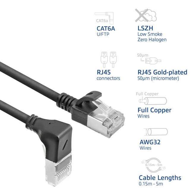 UFTP CAT6a Slimline Netzwerkkabel | Winkelstecker unten / gerade | LSZH | Schwarz | 1 Meter
