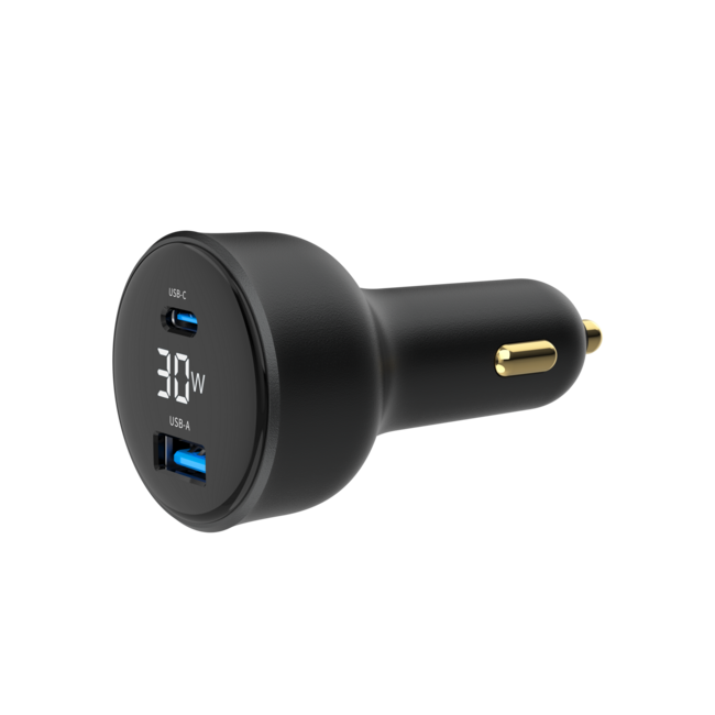 2-Port USB Auto-Schnellladegerät, Typ-C PD, LCD, 30 W, Schwarz