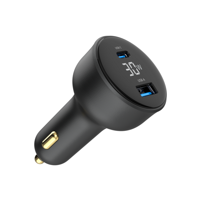 2-Port USB Auto-Schnellladegerät, Typ-C PD, LCD, 30 W, Schwarz