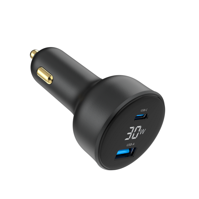 2-Port USB Auto-Schnellladegerät, Typ-C PD, LCD, 30 W, Schwarz