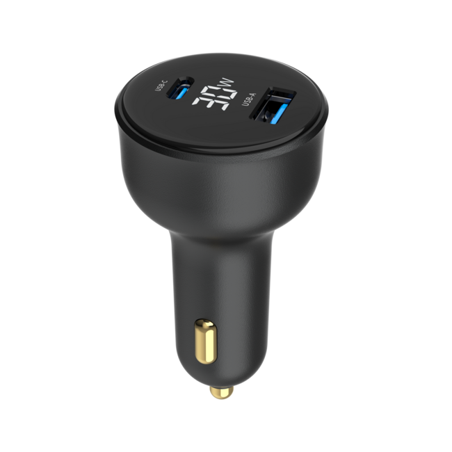 2-Port USB Auto-Schnellladegerät, Typ-C PD, LCD, 30 W, Schwarz