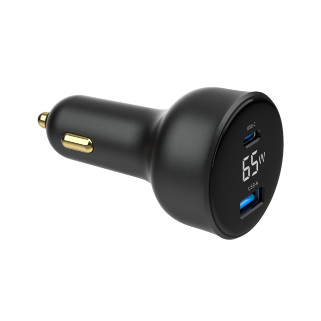 2-Port USB Auto-Schnellladegerät, Typ-C PD, LCD, 65 W, Schwarz