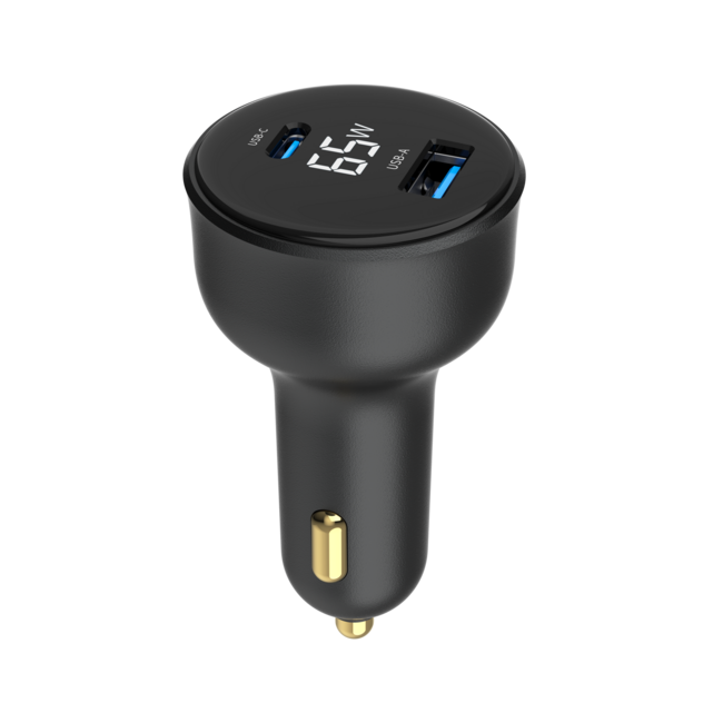 2-Port USB Auto-Schnellladegerät, Typ-C PD, LCD, 65 W, Schwarz