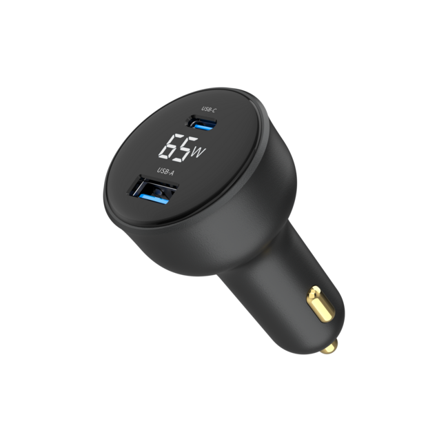 2-Port USB Auto-Schnellladegerät, Typ-C PD, LCD, 65 W, Schwarz