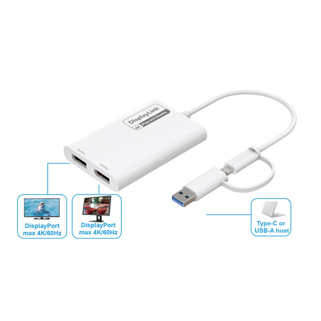 ROLINE Multi-DisplayLink Adapter USB Typ A+C – 2x DP, 4K