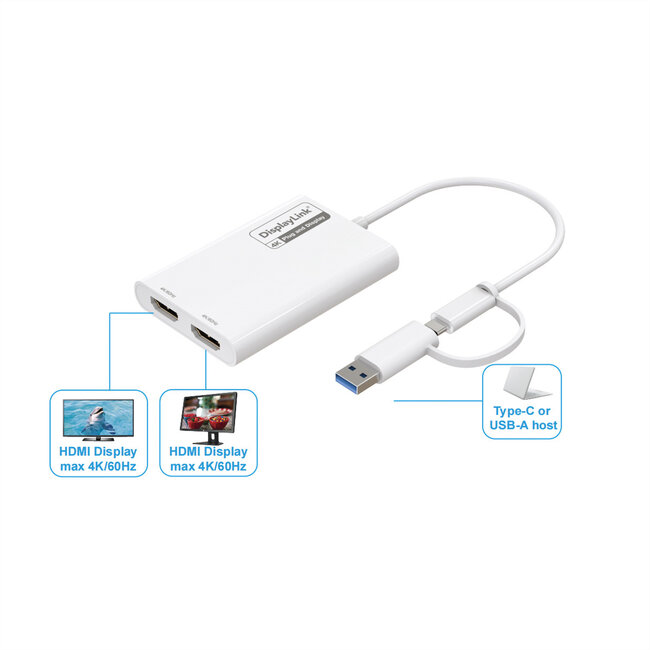 ROLINE Multi-DisplayLink Adapter USB Typ A+C – 2x HDMI, Multi-Stream 4K