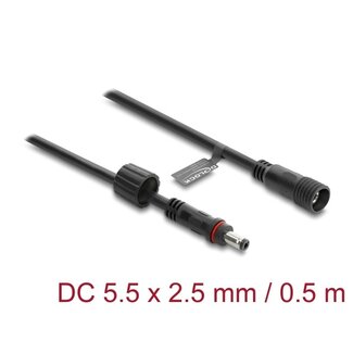 DeLOCK Delock DC Verlängerungskabel 5,5 x 2,5 mm Stecker auf Buchse mit Schraubkappe M12 x 1,75 mm wasserdicht 18 AWG 0,5 m schwarz