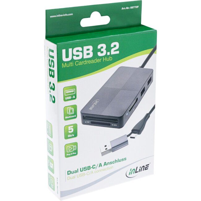 InLine USB-Hub mit Kartenleser (USB-A/USB-C) | 3x USB-A | 5 Kartensteckplätze | USB 3.0 5 Gbps | 0,30 m