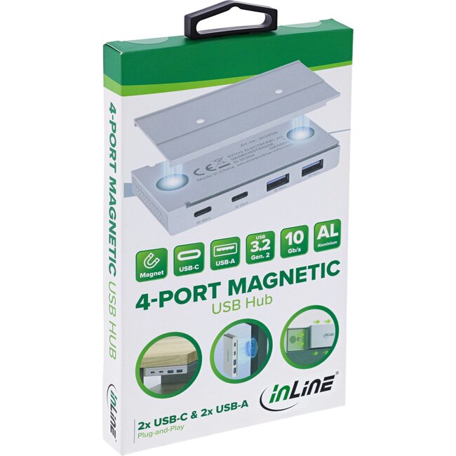 InLine magnetischer USB-Hub (USB-A/USB-C) | 2x USB-C + 2x USB-A | USB 3.1 10 Gbps | Aluminium | 1,5 m