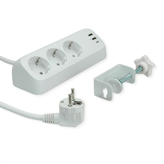 Schreibtisch-Steckdosenleiste mit Klemme | 3 Steckplätze | 2x USB-A + 1x USB-C PD 30W | 1,5 m