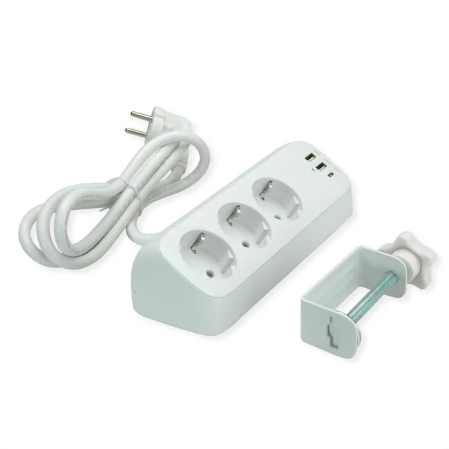 Schreibtisch-Steckdosenleiste mit Klemme | 3 Steckplätze | 2x USB-A + 1x USB-C PD 30W | 1,5 m