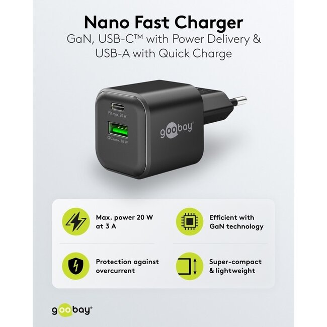 Goobay Nano USB-Ladegerät | USB-C PD + USB-A QC | GaN | 20W | Schwarz