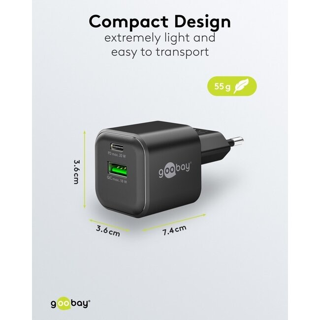 Goobay Nano USB-Ladegerät | USB-C PD + USB-A QC | GaN | 20W | Schwarz