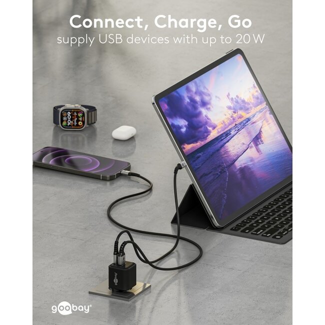 Goobay Nano USB-Ladegerät | USB-C PD + USB-A QC | GaN | 20W | Schwarz