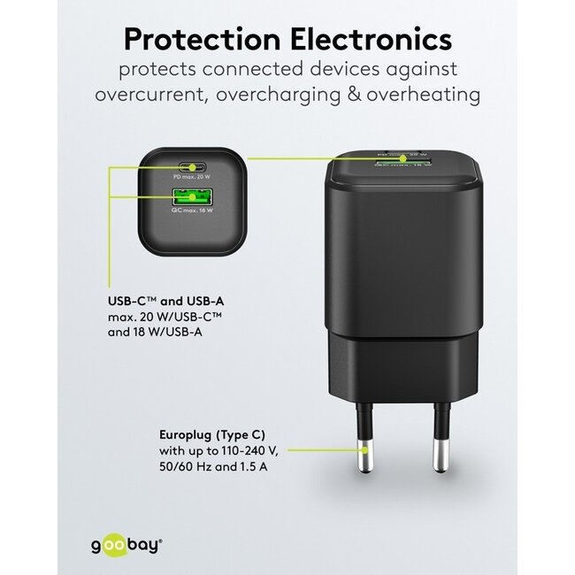 Goobay Nano USB-Ladegerät | USB-C PD + USB-A QC | GaN | 20W | Schwarz