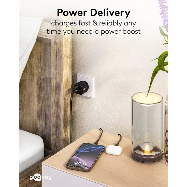 Goobay Nano USB-Ladegerät | USB-C PD + USB-A QC | GaN | 20W | Schwarz