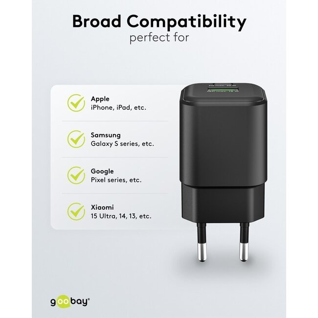 Goobay Nano USB-Ladegerät | USB-C PD + USB-A QC | GaN | 20W | Schwarz