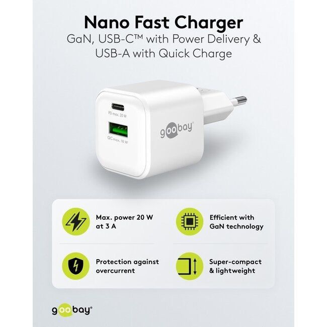 Goobay Nano USB-Ladegerät | USB-C PD + USB-A QC | GaN | 20W | Weiß