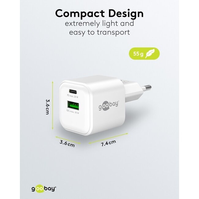 Goobay Nano USB-Ladegerät | USB-C PD + USB-A QC | GaN | 20W | Weiß