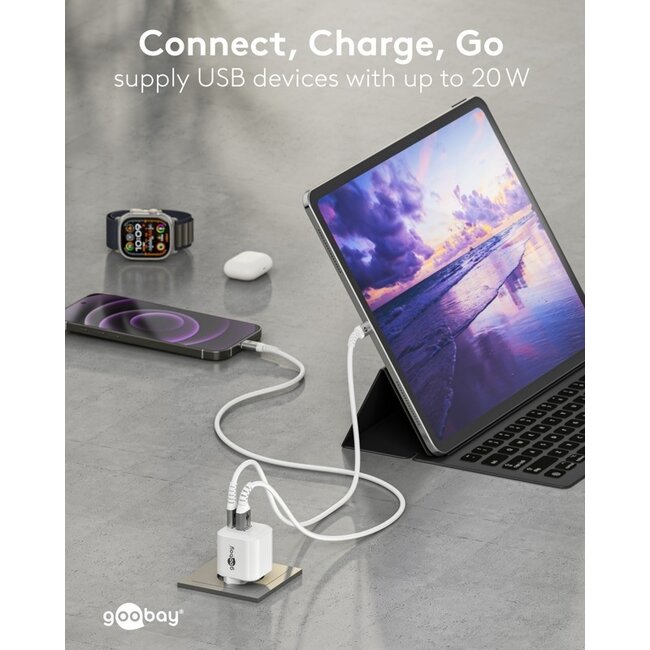 Goobay Nano USB-Ladegerät | USB-C PD + USB-A QC | GaN | 20W | Weiß
