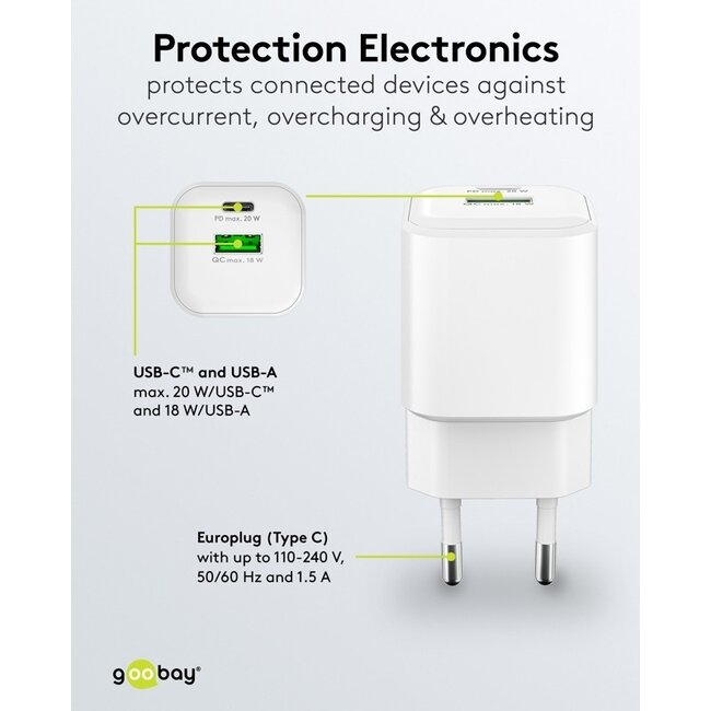 Goobay Nano USB-Ladegerät | USB-C PD + USB-A QC | GaN | 20W | Weiß