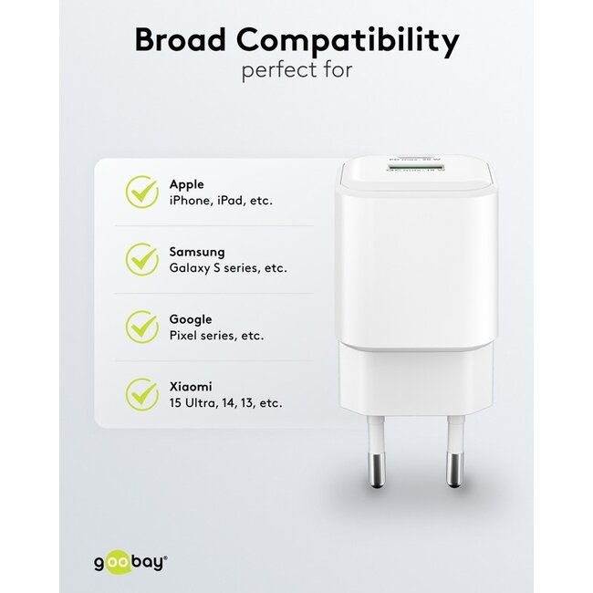 Goobay Nano USB-Ladegerät | USB-C PD + USB-A QC | GaN | 20W | Weiß