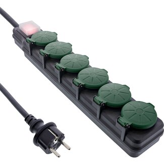 InLine IP44 Outdoor-Steckdosenleiste 6-fach mit Schalter | Schwarz/Grün | 10 Meter