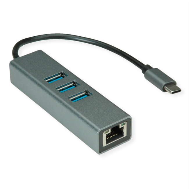 ROLINE USB Typ C zu Gigabit Ethernet Adapter + 3-fach Hub