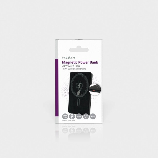 Nedis Powerbank | Kabelloses Laden + USB-C PD 20W | Qi + MagSafe | 5.000 mAh