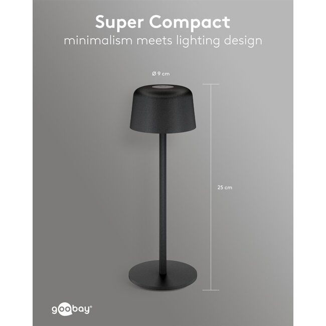 Goobay LED-Tischlampe | warmweiß | dimmbar | wiederaufladbar (USB-C) | schwarz | IP44