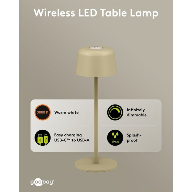 Goobay LED-Tischlampe | warmweiß | dimmbar | USB-C aufladbar | beige | IP44