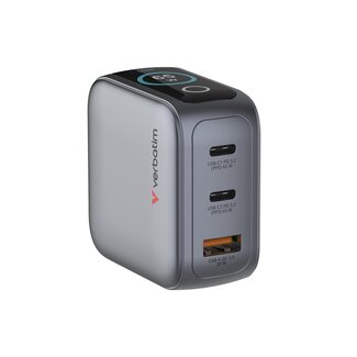Verbatim Verbatim USB-Ladegerät mit Display | 2x USB-C PD & 1x USB-A QC | inkl. USB-C Kabel | GaN | 65W | Grau