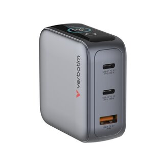 Verbatim Verbatim USB-Ladegerät mit Display | 2x USB-C PD & 1x USB-A QC | inkl. USB-C Kabel | GaN | 100W | Grau