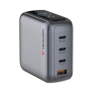Verbatim Verbatim USB-Ladegerät mit Display | 3x USB-C PD & 1x USB-A QC | inkl. USB-C Kabel | GaN | 140W | Grau