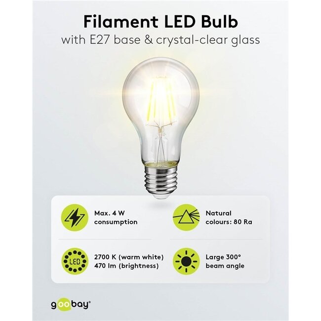 Goobay LED-Glühfadenlampe | Warmweiß | E27 | A60 | 4W